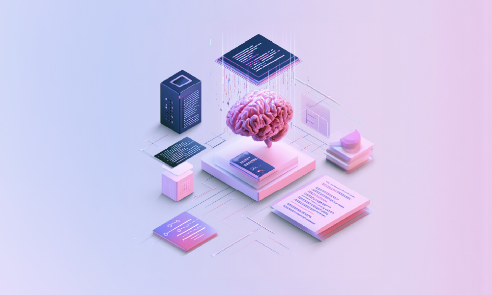 3D isometric graphic of a glowing human brain connected to digital server blocks, code panels, and data charts on a pastel purple background, representing AI concepts and neural networks.