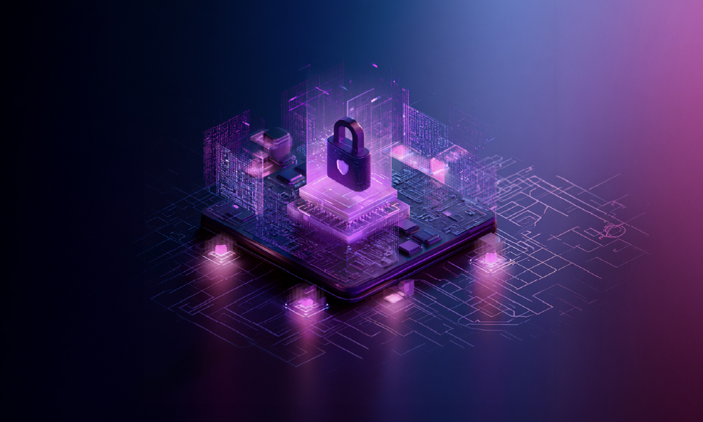 Teaser visual for an enterprise AI blog post displaying an isometric 3D processor chip illuminated by magenta and purple neon lighting. A digital padlock icon sits above the microchip on an abstract circuit board to represent private AI infrastructure, data sovereignty, and secure gateway deployment.