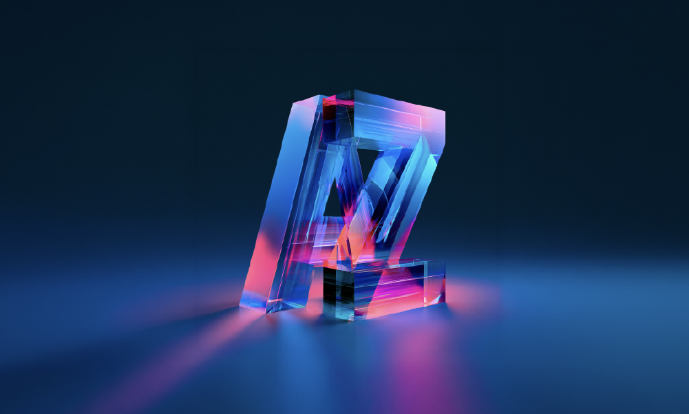 Featured blog graphic for the enterprise AI glossary post on amazee.ai. Displays a stylized 3D glass sculpture combining the letters A and Z, illuminated with vivid neon blue, purple, and magenta light reflections on a dark blue background.